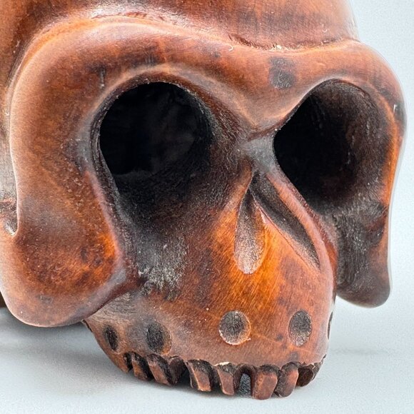Netsuke Large Skull Hardwood Carving Sculpture Japanese Vintage - Picture 9 of 10